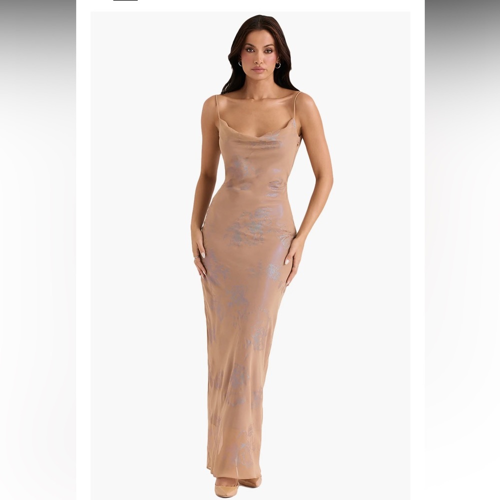 HOUSE OF CB- Gabrielle Metallic/Iridescent Cowl Neck Satin Dress. Size Medium